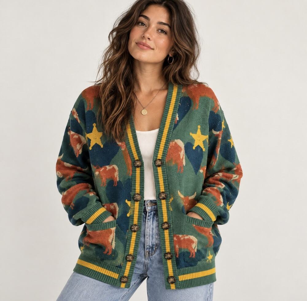 Steady Hands Lone Star Cardigan S/M Western Longhorn Cowboy Cow Sweater